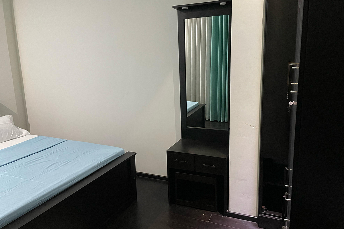 Comfortable bedroom with scenic views and elegant design elements